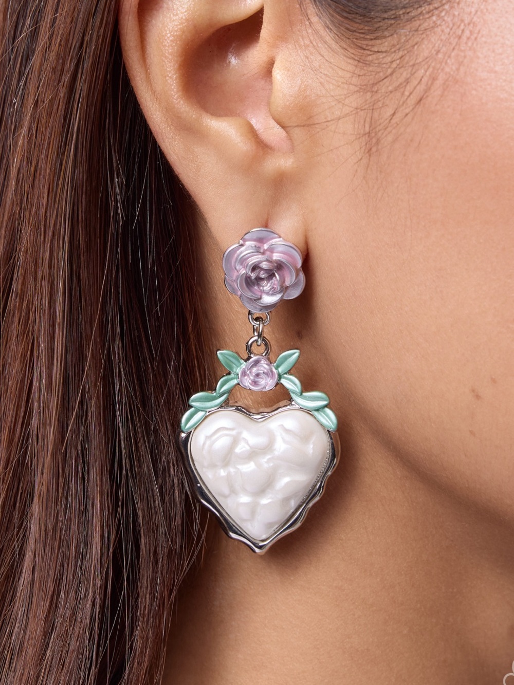 NWT Pearl Heart & Purple Rose Earrings(Last One)